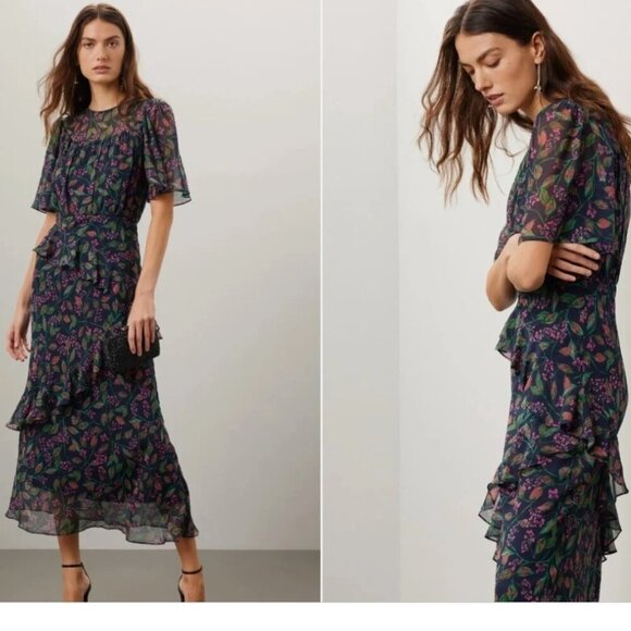 Saloni Vida Dress Silk Short-Sleeve Midi Ruffled Blue Floral Print Size 14 - Picture 1 of 6